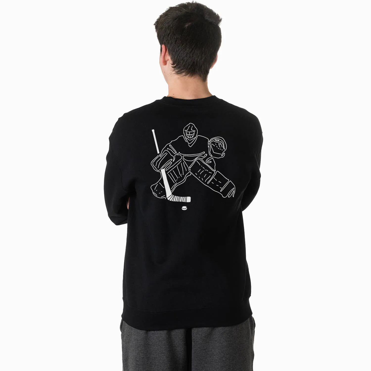 Hockey Crewneck Sweatshirt - Hockey Goalie Sketch (Back Design) 